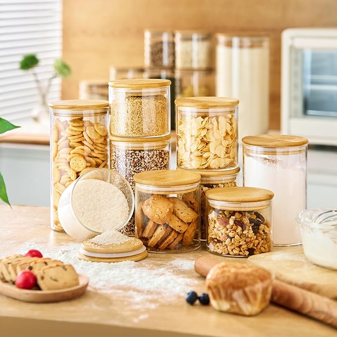 Glass Jars with Bamboo Lids 17 FL OZ [Set of 12], Glass Canisters with Airtight Lids, Glass Food Storage Containers for Spice, Coffee, Sugar, Tea, Candies, Cookies,Best for Kitchen & Pantry