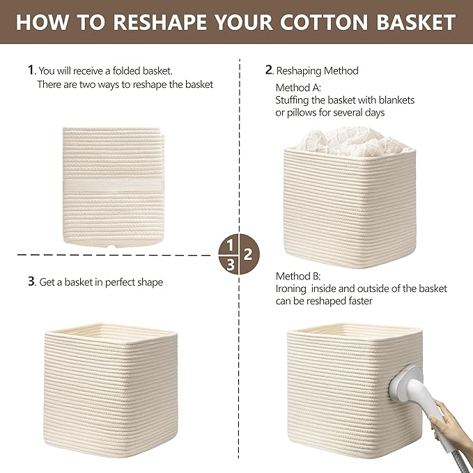 joybest 13x13x13 Inch Cube Storage Bins Set of 4, Cotton Rope Woven Organizer Basket for Shelves, Cube Bin Square Shelves Organizer Closet Storage, Nursery, Toy Organization, Beige