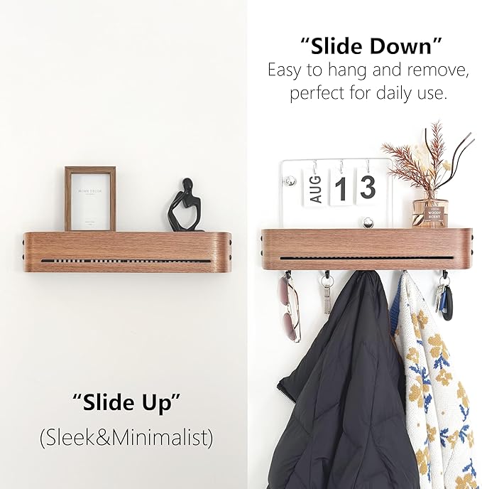 Modern Key Holder Wall Mount with 5 Retractable Hidden Hooks,Heavy Duty Coat Rack Wall Mount,Finland-Designed Entryway Organizer,17 inch,for Entryway,Living Room,Kitchen,Hallway,Walnut