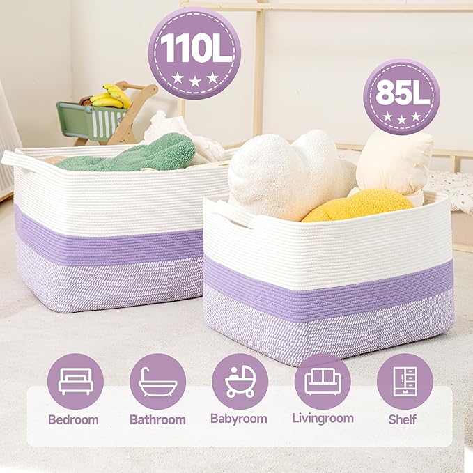 CLHMILY&Z Stylish Square Cotton Rope Storage Basket (Purple & White, 85L)