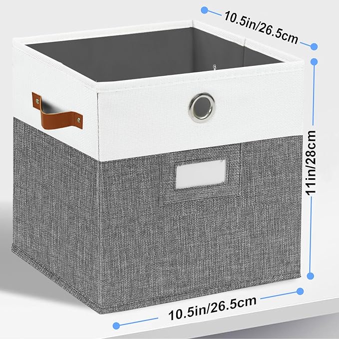 11x11 Cube Storage Organizer Bins Set of 4,foldable Storage Bins with Label,Cubby Storage Organizer with Metal pull ring and Leather Handles(Grey/White)