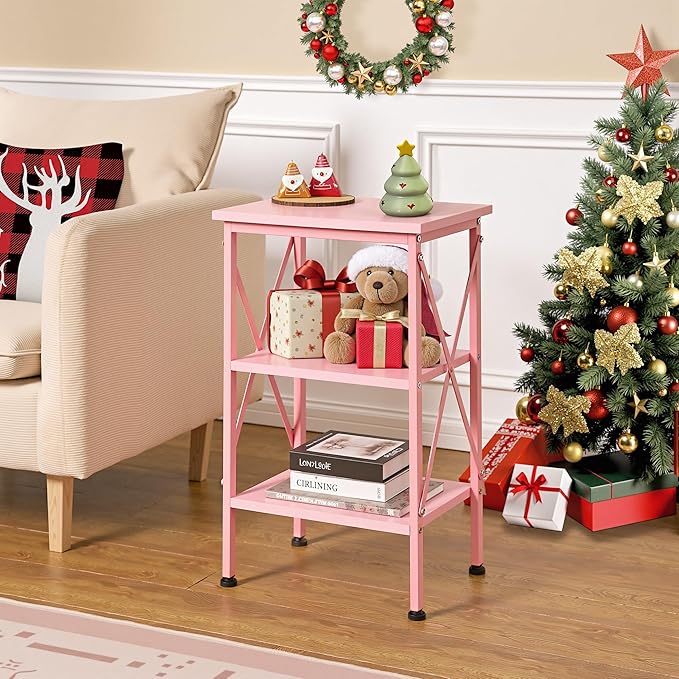 VECELO End Table, 24" Tall Living Room Side Tables, X-Design Reinforced Bedside Table, Nightstands with 3-Tier Storage Shelves for Small Spaces, Office, Bathroom, Bedroom, Pink, 1 Pack