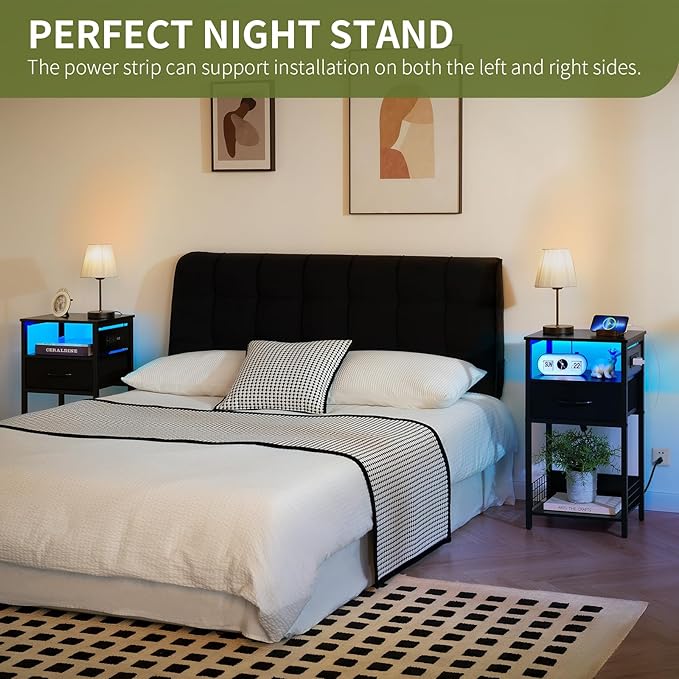 Yoobure Record Player Stand with Storage - End Table with Charging Station & LED Lights, Vinyl Record Storage Holds Up to 100 Albums, Nightstand with Drawer for Living Room Bedroom, Black
