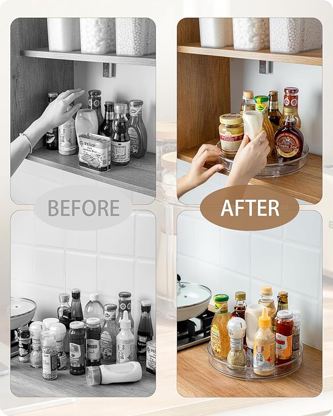 Roninkier Clear Lazy-Susan Turntable Cabinet-Organizer – 2-Pack 9-Inch Spice Rack Storage for Fridge Refrigerator Pantry