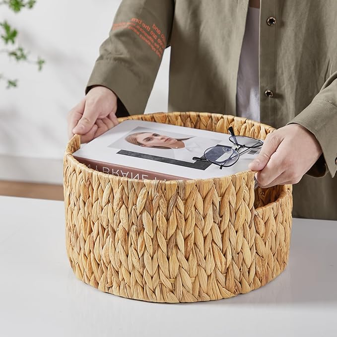 Vagusicc Wicker Storage Basket, Hand-Woven Water Hyacinth Large Round Woven Basket With Handles, Wicker Baskets for Organizing/Storage, 3-Pack