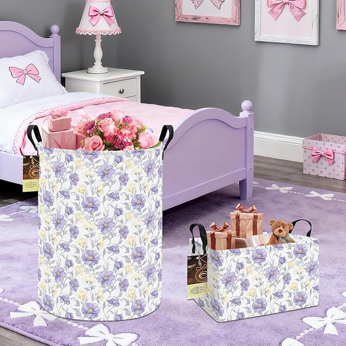 HUNRUNG Laundry Hamper,Large Canvas Fabric Lightweight Storage Basket Toy Organizer Dirty Clothes Collapsible Waterproof for College Dormsï¼Round-Purple Flowersï¼