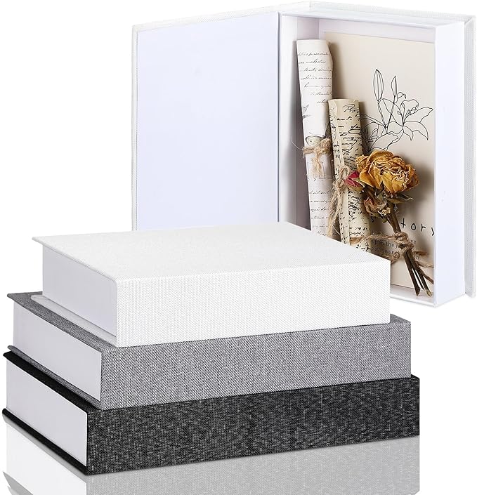 Tioncy 3 Pcs Fake Book Box Neutral Linen Book Box Decorative Faux Prop Storage for Farmhouse Home Decor shelf Table Card Photo DIY Keepsake Gift(Multi Sizes,Black, White, Dark Gray)