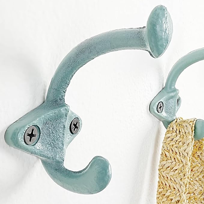 Dseap Cast Iron Wall Hooks, Heavy Duty Coat Hooks, Rustic Vintage Farmhouse Hook for Hanging Winter Coats Jackets Towels Hats Bags Plants, Mint Green, Pack of 10 (ShldCast)