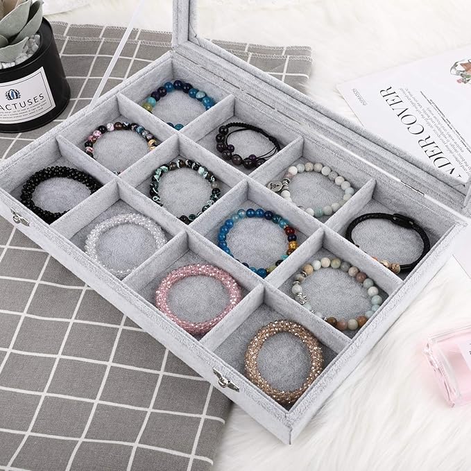 Emibele Jewelry Organizer Bracelet Storage Tray Box, 12 Grids Jewelry Tray with Clear Lid Velvet Jewelry Box for Necklace Bracelets Bangles Display Storage Organizer Box, Grey