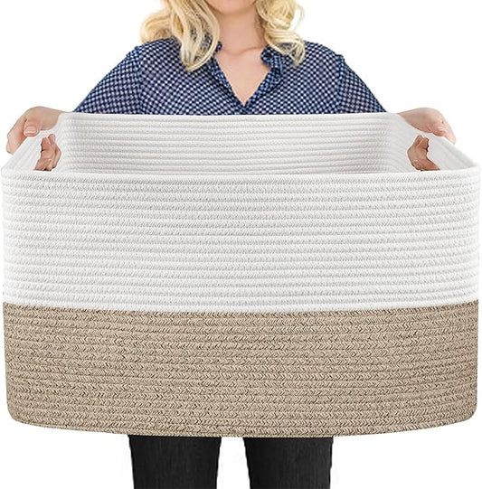 Extra Large Blanket Basket, 22" x 17" x 12" Rectangle Blanket Storage for Living Room, Soft Kids Dog Toy Basket Bin, Cotton Rope Baskets for Storage, Woven Throw Pillow Organizer Holder