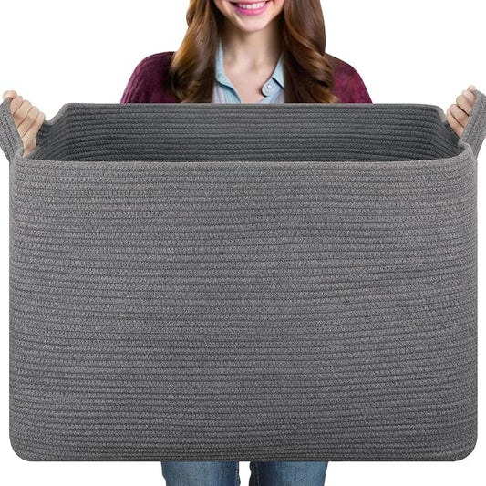 108L Extra Large Blanket Basket, 24.8" x 16.2" x 16.2" Rectangle Woven Storage Baskets for Living Room, Nursery, Bedroom, Toy Basket with Handle (Dark Grey)