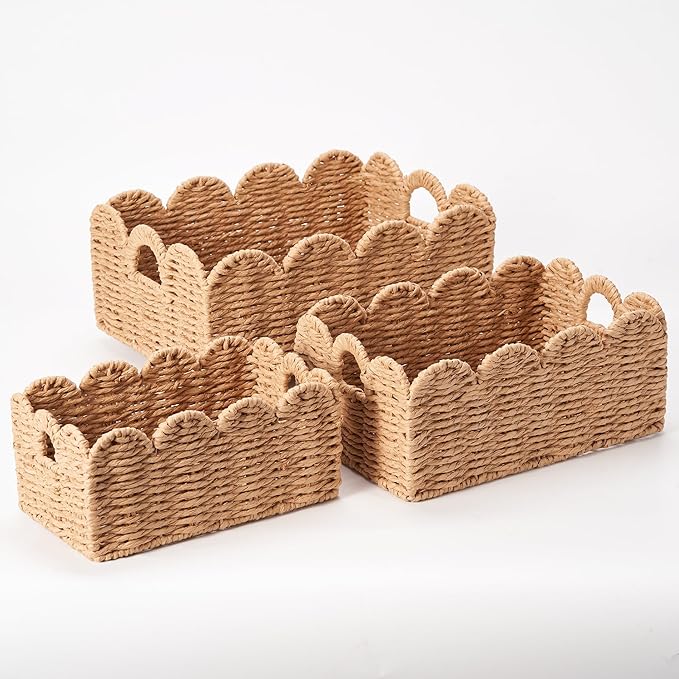 Scalloped Wicker Baskets, Set of 3 Hand-Woven Storage Baskets with Handles - Paper Rope Shelf Organizers & Decorative Baskets for Shelves, Closet, Bathroom (Tanï¼