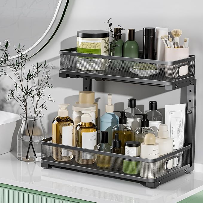 Under Sink Organizer, Height Adjustable 2 Tier Under Sink Organizers and Storage, Slide Out Metal Cabinet Organizers, Pull Out Sink Storage Drawer Shelf for Kitchen Bathroom Cabinet, Black, 1 Pack