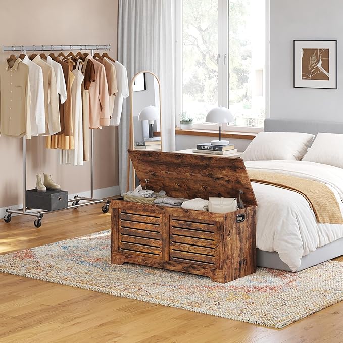 DINZI LVJ Storage Chest, 43.3â Wooden Toy Box with 2 Safety Hinges, Retro Entryway Shoe Storage Bench with Flip-Top, Sturdy Large Storage Trunk for Living Room, Bedroom, Easy Assembly, Rustic Brown