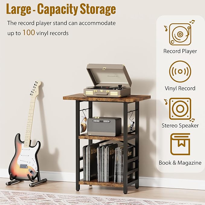 Record Player Stand with Extended Desktop,Large Record Player Table with Vinyl Storage,Tall Turntable Stand with Record Holder Vinyls Display Shelf for Music Room Studio, Rustic Brown