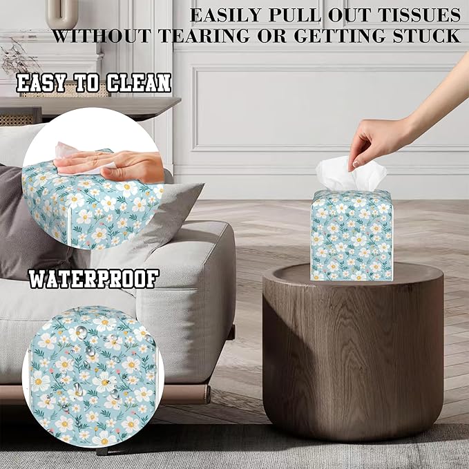 Tissue Box Cover White Flowers Leather Tissue Box Holder Cube Paper Case Cover Facial Paper Organizer Dispenser for Bathroom, Vanity Countertop, Office Desk