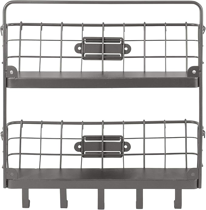 Spectrum Mail and Key Organizer for Wall, Vintage 2-Tier Mail Holder for Wall with 5 Key Hooks, Farmhouse Entryway Key and Mail Holder, Hanging Mail Organizer Rack for Letters Bills, Industrial Gray