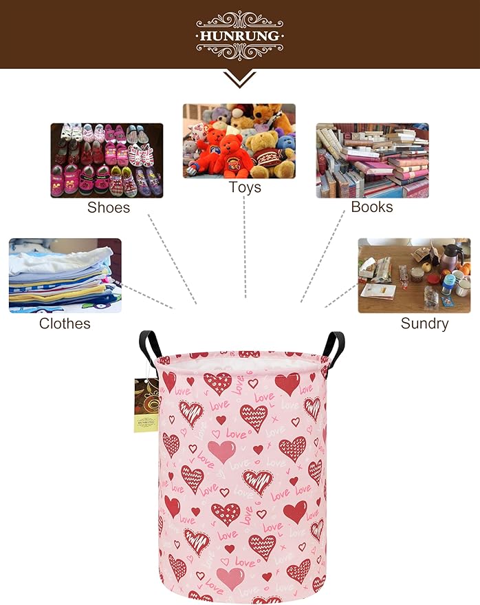 HUNRUNG Laundry Hamper,Large Canvas Fabric Lightweight Storage Basket Toy Organizer Dirty Clothes Collapsible Waterproof for College Dormsï¼Round-Pink Love Heartï¼