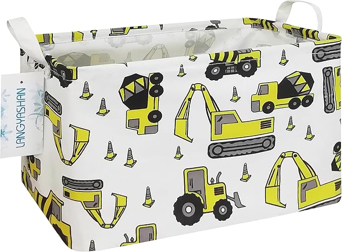 LANGYASHAN Rectangular Storage Bin Collapse Canvas Fabric Cartoon Storage Basket with Handles for Organizing Home Kitchen Boys and Girls Toys Office Closet Shelf Baskets (Rec Engineering Vehicle)