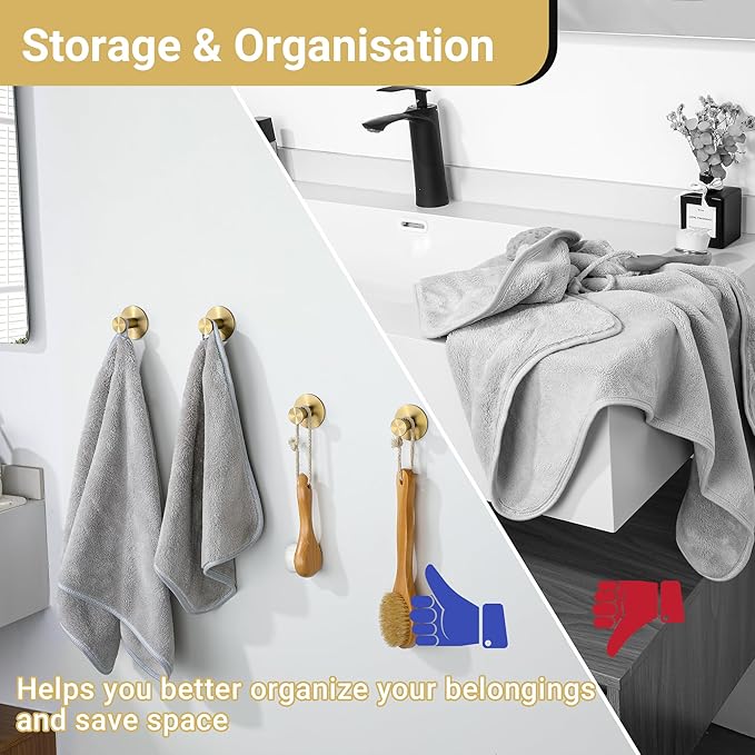 SAYAYO Self Adhesive Hooks for Hanging, Brushed Gold Towel Hook for Bathrooms Coat Hooks Wall Mount, Stick on Hook SUS304 Stainless Steel, 4pcs
