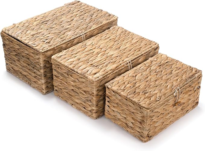 3 Pack Wicker Storage Basket with Lid, Water Hyacinth Baskets, Woven Basket for Shlef, Decorative Storage Boxes for Organizing