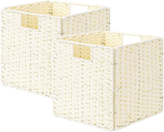 StorageWorks 11 inch Wicker Baskets, Handwoven Storage Cubes with Handles, Foldable Paper Rope Basket for Organizing, Beige, 2 Pack