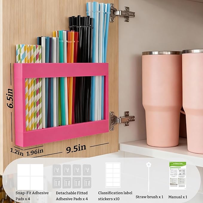 9.5” Large Acrylic Straw Holder for Cabinet Door with Detachable Ultra Sticky Adhesive Squares and Stickers, 2026 Reusable Straws Organizer Storage Dispenser for Kitchen Counter Cupboard