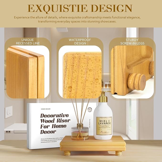 EOSAHR Decorative Pedestal Stand for Home Decor â Farmhouse Wooden Tray as Soap Holder & Bathroom Counter Organizer - Display Stand to Elevate Bathroom Decor (Light Brown)