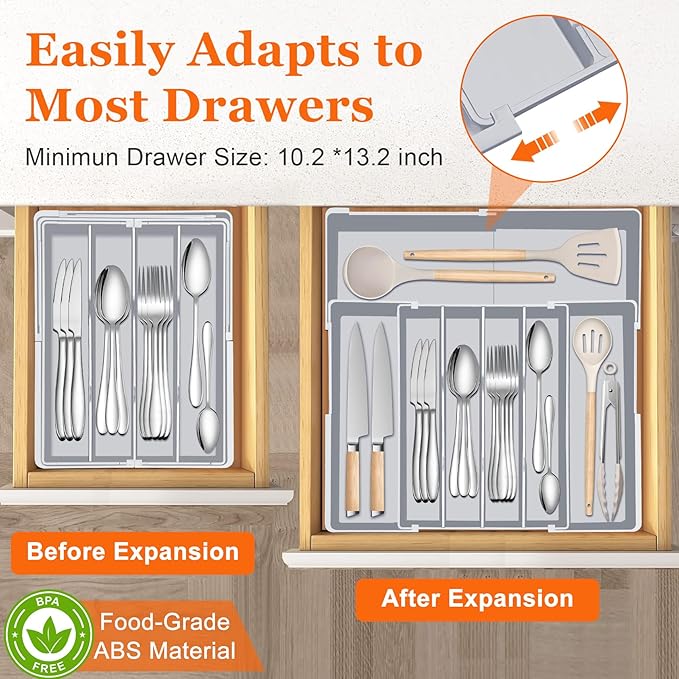 Large Kitchen Silverware Organizer - Expandable 17.2" x 17.9" Adjustable Drawer Tray, 4-7 Compartments for Maximum Storage, BPA-Free, Grey,L