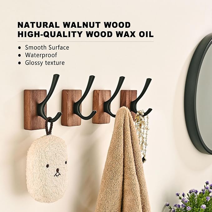4 Pack Walnut Wood Wall Coat Hooks for Hanging, Adhesive Mounted & Wall Mount Heavy Duty Decorative Wooden Double Hook hanger for Towel Backpack Hat Jacket Clothes Blanket Purse Closet Robe Key