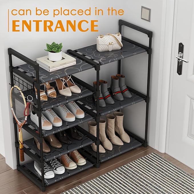 Black Tubes Closet Shoe Rack, Boot Rack, 5 Tier Oxford Fabric Shelf, Easy Assembly, Sturdy and Durable, Holds Up to 30 lbs