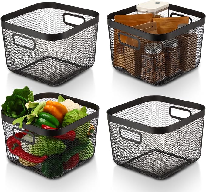 4 Pack Metal Mesh Basket with Hollow Handles Black Wire Storage Bin for Organizing Stackable Metal Fine Mesh Basket for Pantry Bathroom Kitchen Cabinets Shelves (Large)