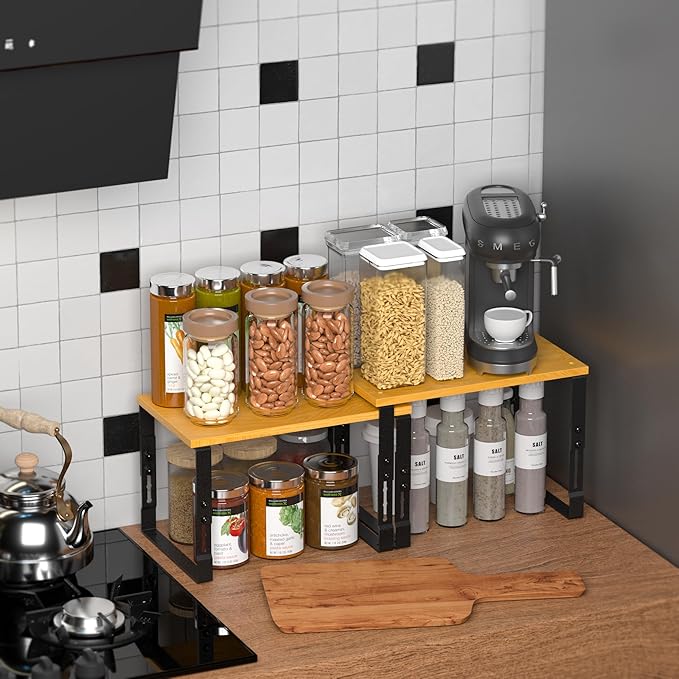 Expandable Kitchen Cabinet Organizer Shelves â Stackable Adjustable Metal and Wood Storage Racks for Countertop, Pantry, Garage Set of 2 Spice Rack â Easy Assembly, Space-Saving(2 Packs/Large/Black)