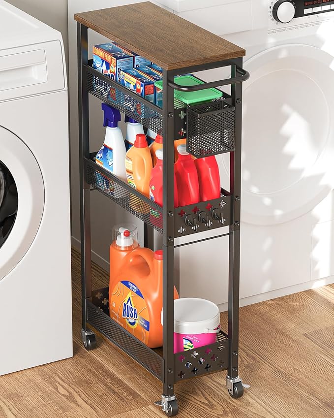 Slim Storage Cart 4 Tier Laundry Cart with Wheels, Narrow Metal Kitchen Rolling Carts Bathroom Organizers Storage Shelf with Wood Rack and Handle for Small Space