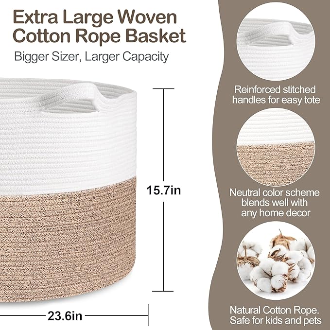 115L Super Large Blanket Basket, Oversized Organizer, Cotton Rope Woven Bin, XXXL Jumbo Basket for Blankets for Living Room, 23.6"x15.7", Brown