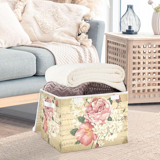senya Flower Baskets Collapsible Storage Bins with Lids, Vintage Rose Floral Storage Boxes Clothes Baskets for Organizing