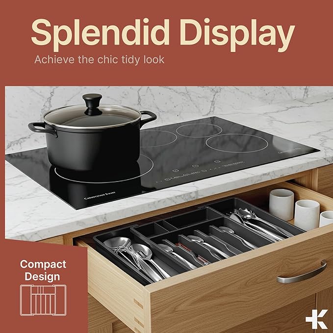 Black Expandable Utensil Drawer Organizer 2 Pack, Adjustable 13” to 22.4”, 8 Compartment Silverware Organizer for Kitchen Utensils, Spatulas, Cutlery, and Tools, Easy to Clean, Durable, and BPA-Free