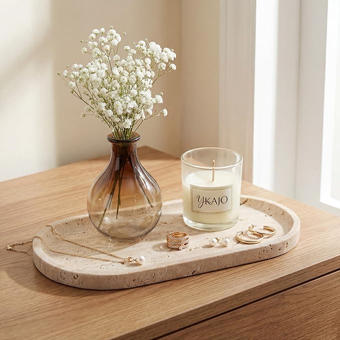 YKAJO 100% Natural Travertine Stone Tray, Unsealed Beige Marble Vanity Tray for Bathroom & Perfume, Raw Honed Finish Organizer for Jewelry, Candle & Coffee Table Decor, 11.6" L (Wabi-Sabi Aesthetic)
