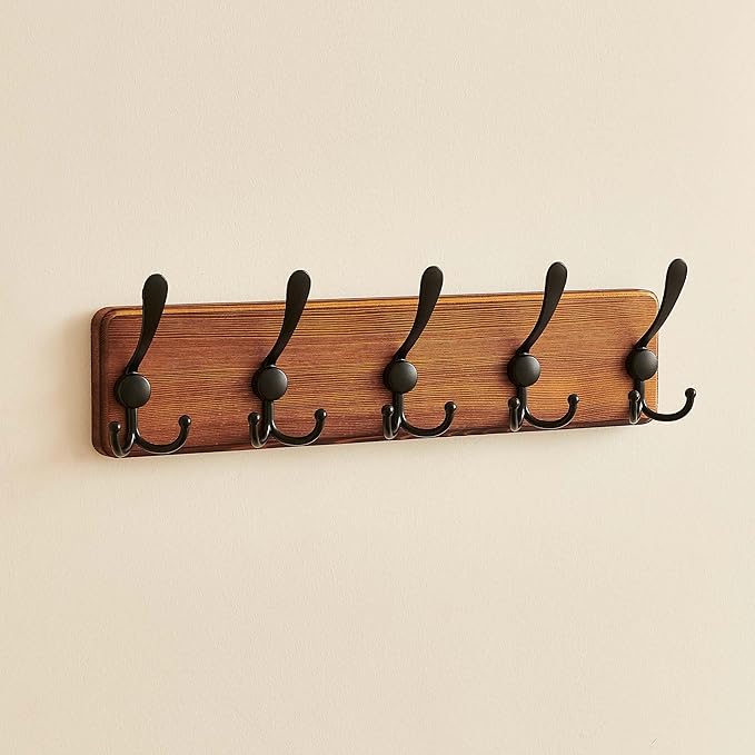 Rustic Wooden Coat Rack Wall Mount with 5 Hooks, Farmhouse Wood Coat Hanger Wall Mount Heavy Duty for Hanging Jacket Coat (Brown)
