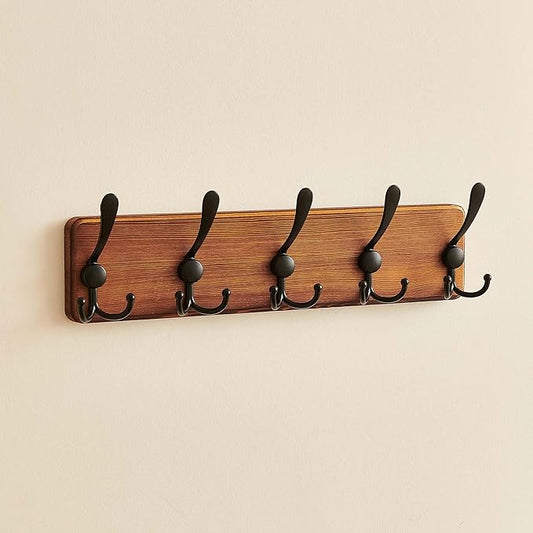 Rustic Wooden Coat Rack Wall Mount with 5 Hooks, Farmhouse Wood Coat Hanger Wall Mount Heavy Duty for Hanging Jacket Coat (Brown)