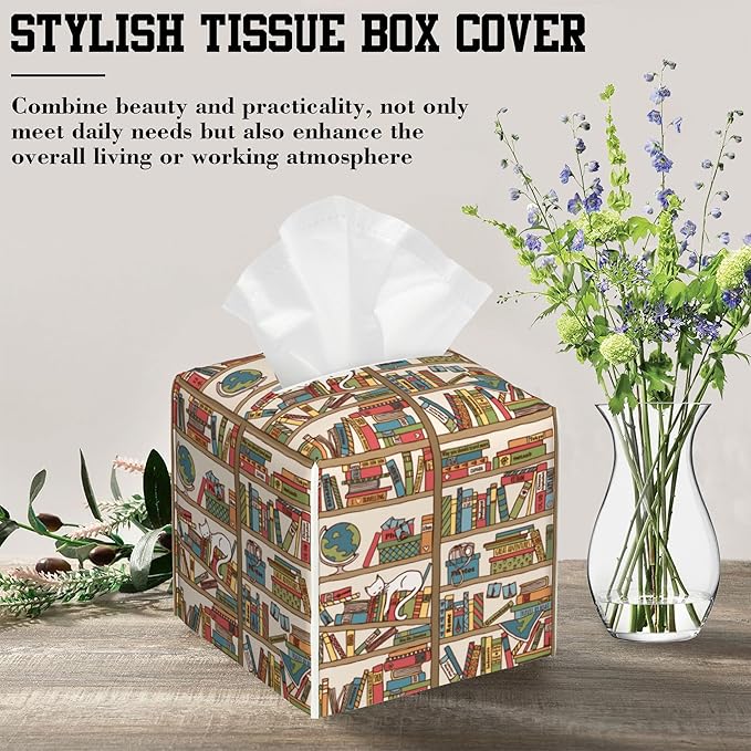 Tissue Box Cover Cat on Bookshelf Leather Tissue Box Holder Cube Paper Case Cover Facial Paper Organizer Dispenser for Bathroom, Vanity Countertop, Office Desk