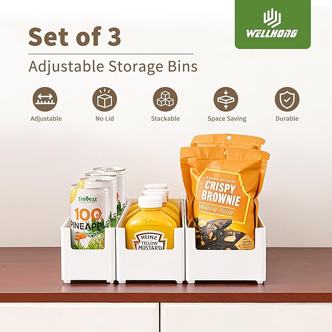 Adjustable Storage Bins for Home and Kitchen, Deep Stackable 3 Pieces Different Sizes Organizing Boxs for Cabinet Pantry Closet Refrigerator and Cupboard in White Plastic，WH-AD-White-Set-3PC