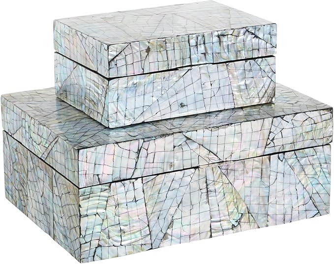Deco 79 Mother of Pearl Shell Abstract Handmade Decorative Box Angular Mosaic Storage Decorative Keepsake Box with Iridescent Finish, Set of 2 Storage Box 12", 8"W, Multi Colored