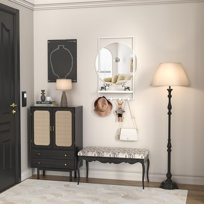 WONSTART 28" x 20" Entryway Mirror with Hooks, Bathroom Mirror with Shelf, Rectangular Frame Round Wall Mirror with Shelf and Hooks, Vanity Mirror Decorative for Wall(White)