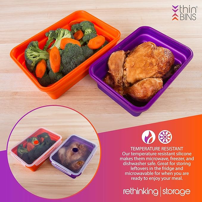 Kitchen Home Thin Bins Collapsible Containers – Set of 2 Extra Large Rectangle Silicone Food Storage Containers – BPA Free, Microwave, Dishwasher and Freezer Safe