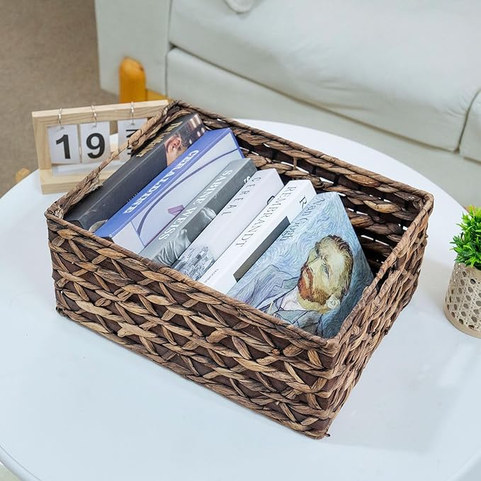 Rectangular Wicker Storage Basket with Iron Structure & Wood Accents, 15.75Ã11.42Ã7.09 Inches, Perfect for Home Organization