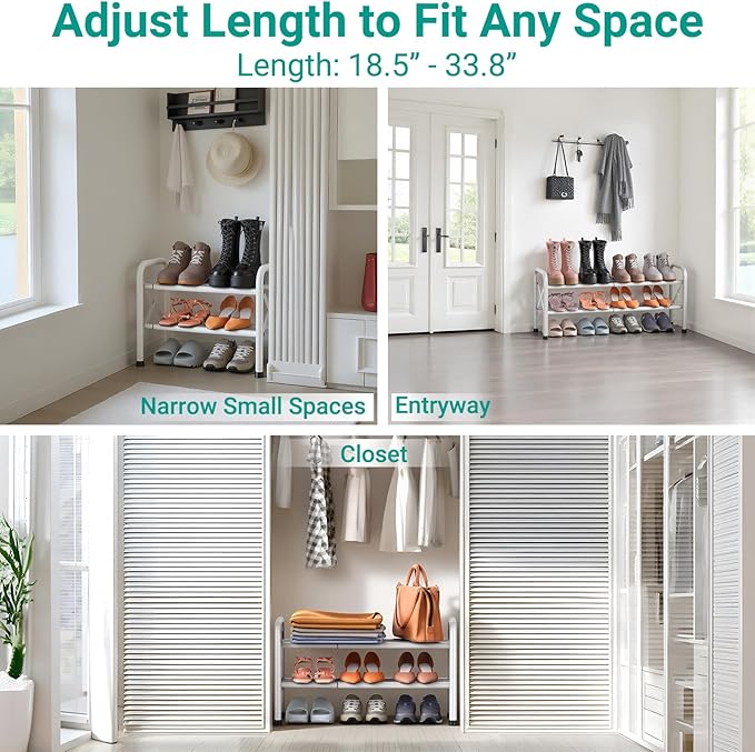 2-Tier Expandable Shoe Rack for Closet Floor, X-Frame Metal Small Shoe Rack for Entryway, Adjustable Shoe Shelf Organizer, Free Standing Shoe Racks for Front Door Entrance, Garage - White