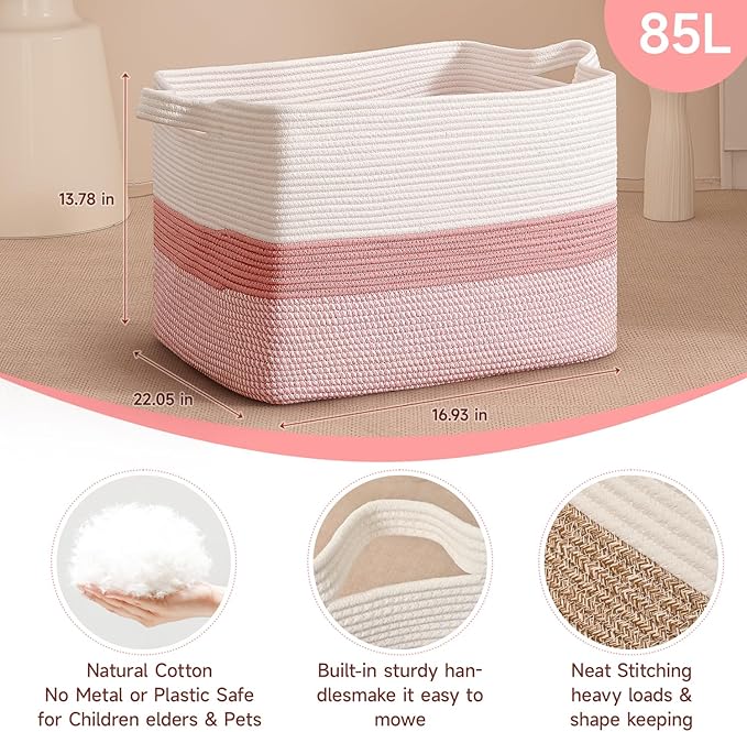 CLHMILY&Z Stylish Square Cotton Rope Storage Basket (Pink & White, 85L)