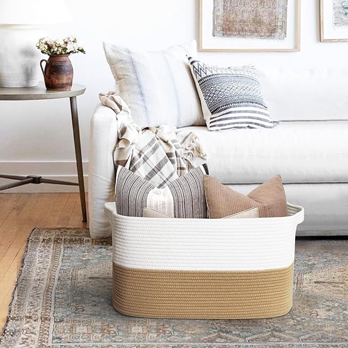 Extra Large Blanket Basket, 23.6"x15.7"x14.1" Woven Blanket Storage for Living Room, Big Cotton Rope Kids Dog Toy Bin Box, Decorative Rectangle Pillow Holder, Baby Laundry Basket, Camel