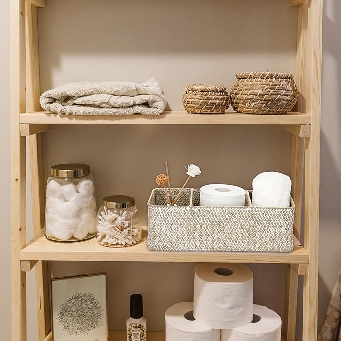 Hipiwe Seagrass Storage Basket Bin- 3 Sections Hand-Woven Toilet Basket Wicker Shelf Basket Bathroom Organizer Bins for Shelves, Kitchen, Pantry, Closets, Toilet Paper Tissue Organizer